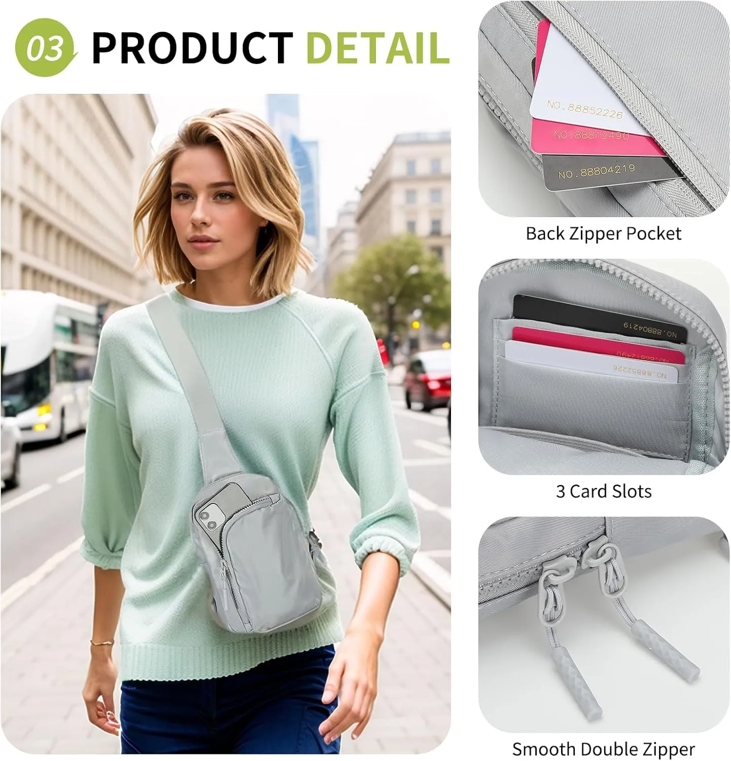 Mini Sling Bag for Men Women, 7.5 Inch Small Anti Theft Crossbody Reversible Nylon Chest Bag Fanny Pack for Travel Running Hiking (Light Grey)