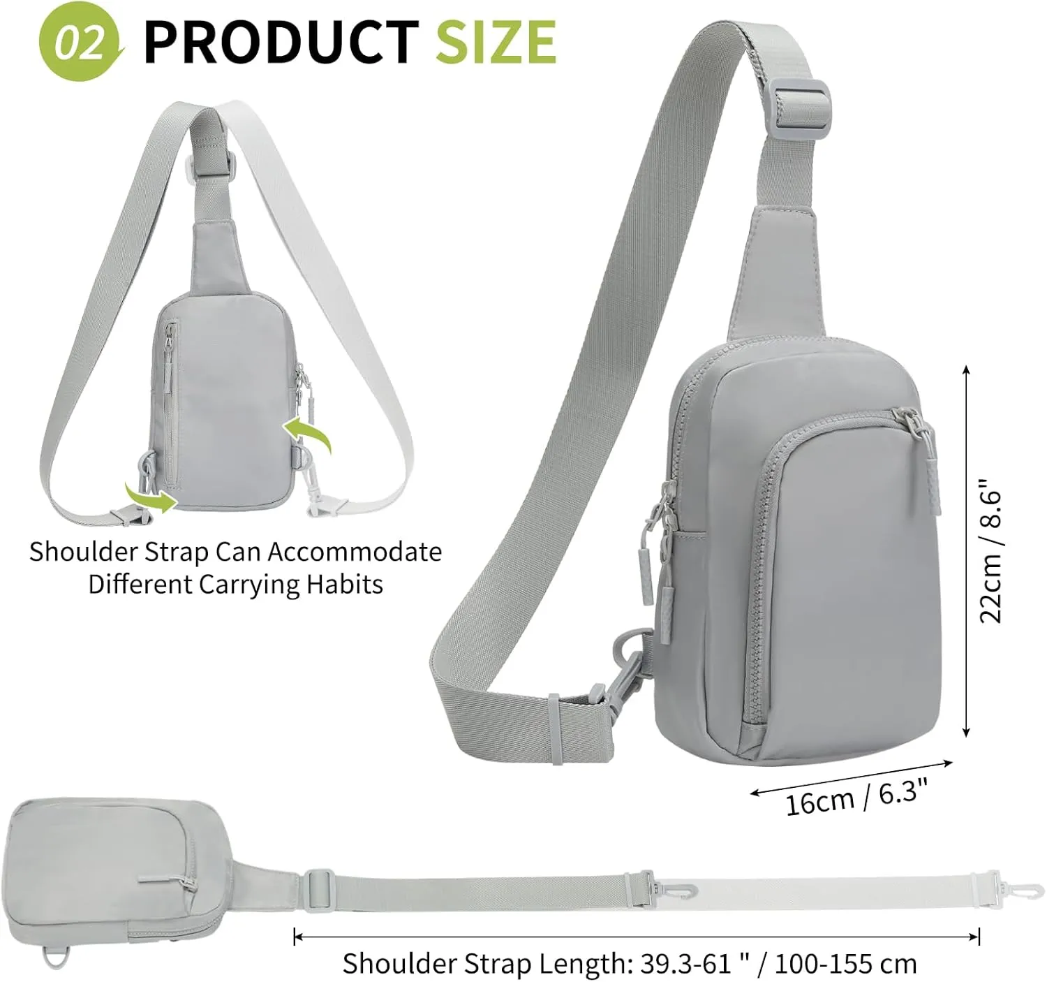 Mini Sling Bag for Men Women, 7.5 Inch Small Anti Theft Crossbody Reversible Nylon Chest Bag Fanny Pack for Travel Running Hiking (Light Grey)