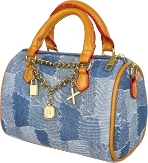 Mini Small Denim Purse Jean Boston Barrel Bags Quilted Checkered Top Handle Canvas Tote Crossbody bags Satchel Handbag for Women,Blue