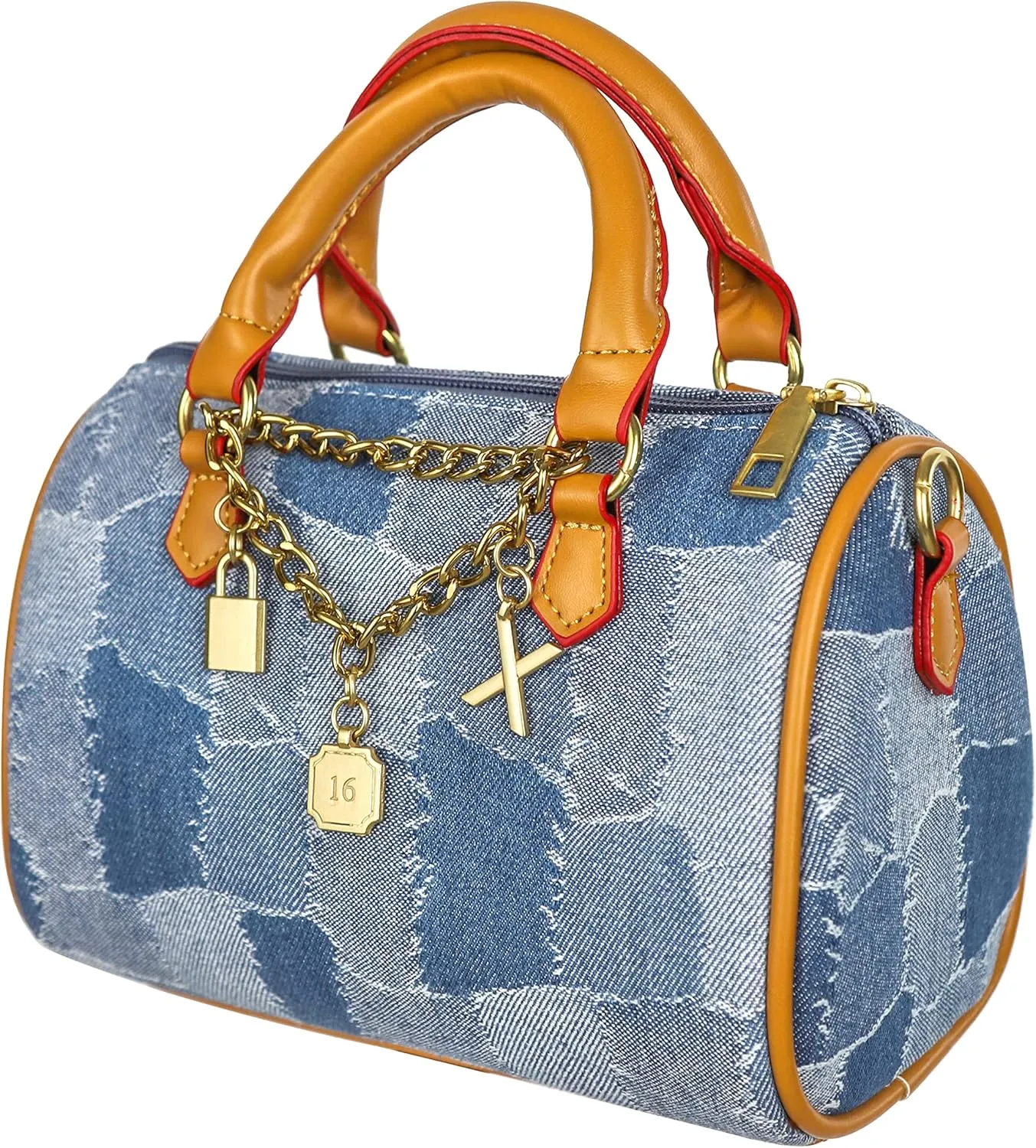 Mini Small Denim Purse Jean Boston Barrel Bags Quilted Checkered Top Handle Canvas Tote Crossbody bags Satchel Handbag for Women,Blue