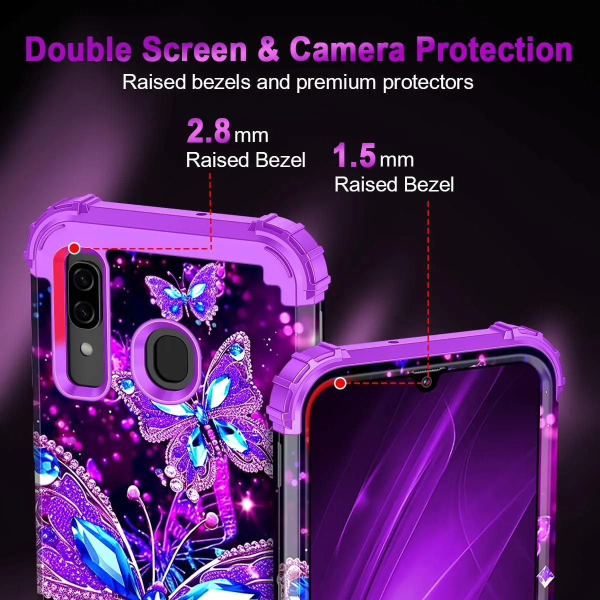 Miqala for Galaxy A20/A30/A50 Case,Glow in The Dark Three Layer Heavy Duty Shockproof Full Body Hard Plastic Bumper Soft Silicone Protective Case for Samsung Galaxy A20/A30/A50,Amaranth Dark