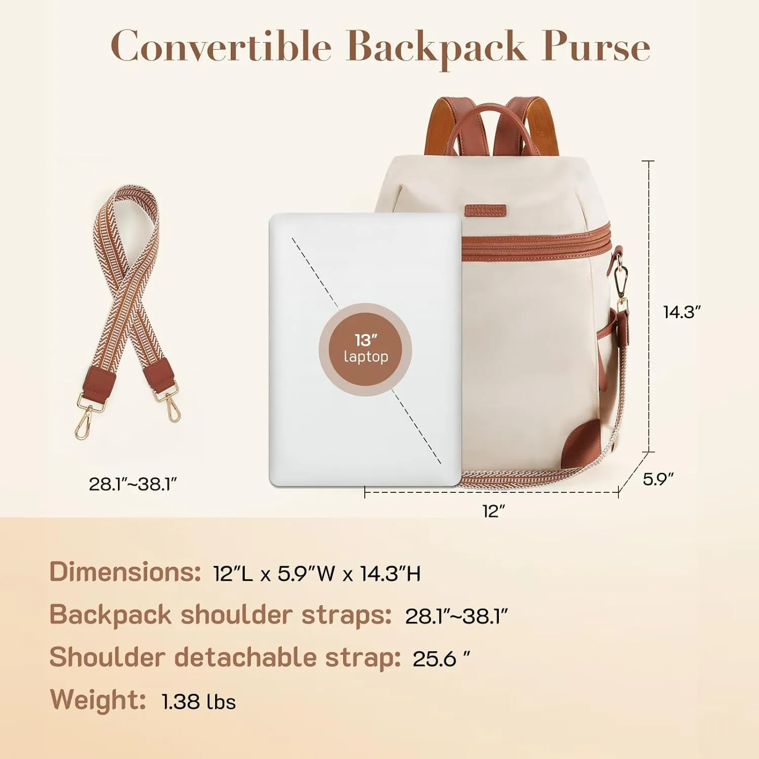 Missnine Backpack Purse for Women, Travel Backpack with Secured Zipper, Convertible Designer Satchel Bag, Lightweight Rucksack for Work, College, Gym, Hiking, Black