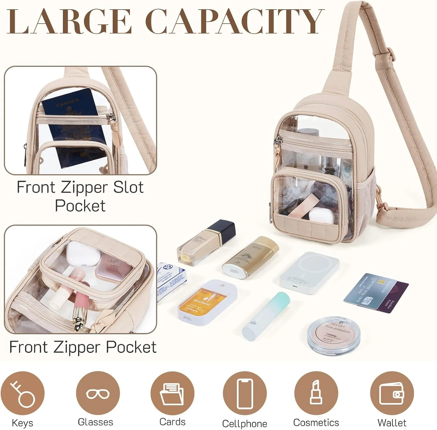 Missnine Clear Bag for Stadium Events Clear Sling Bag Fanny Pack Crossbody Purse for Sport Concert with Side Mesh Pocket