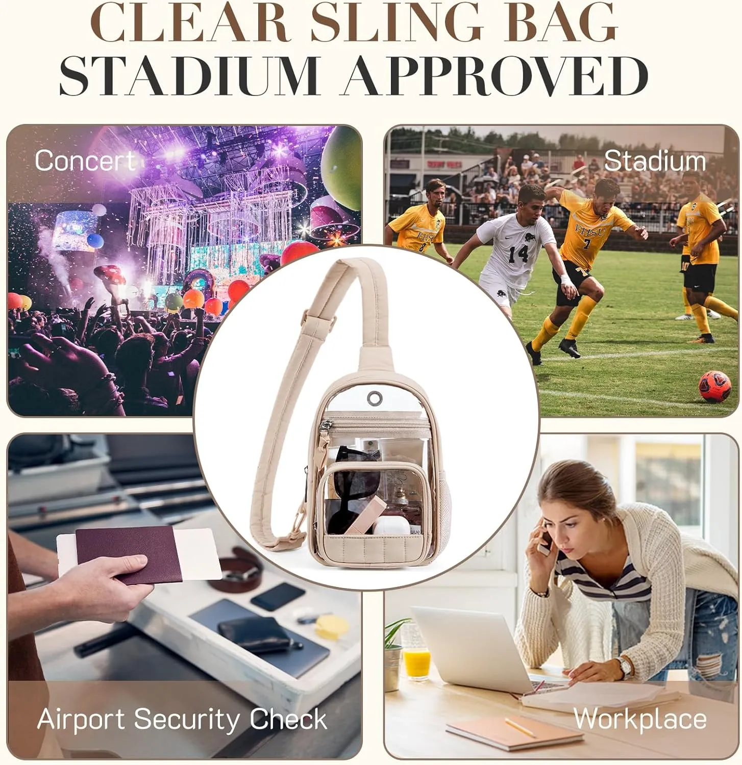 Missnine Clear Bag for Stadium Events Clear Sling Bag Fanny Pack Crossbody Purse for Sport Concert with Side Mesh Pocket