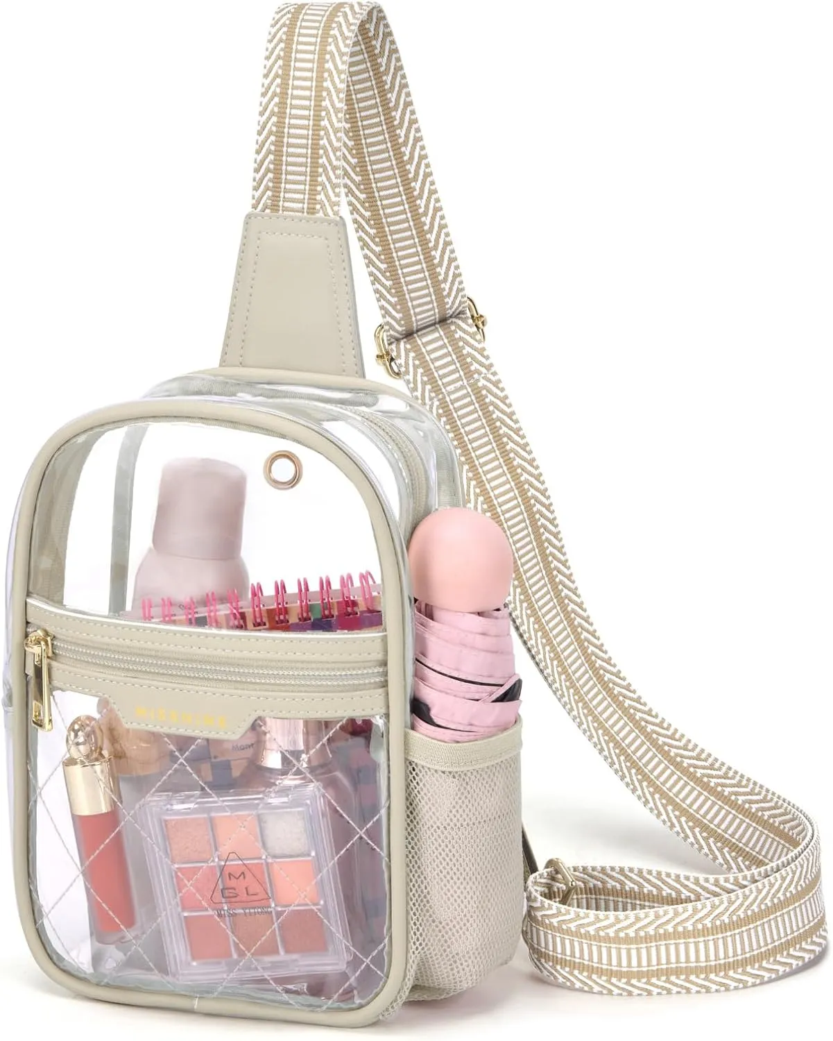 Missnine Clear Bag for Stadium Events Clear Sling Bag Fanny Pack Crossbody Purse for Sport Concert with Side Mesh Pocket