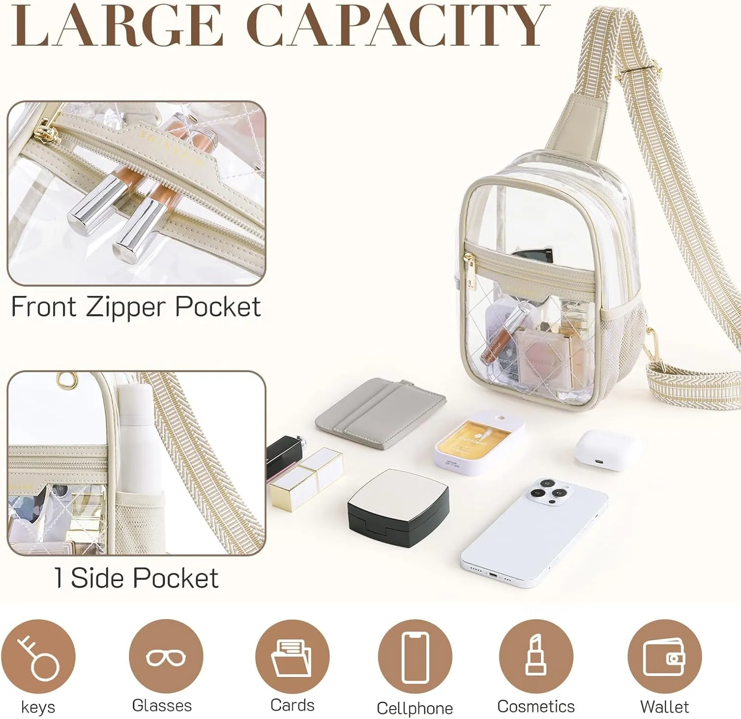 Missnine Clear Bag for Stadium Events Clear Sling Bag Fanny Pack Crossbody Purse for Sport Concert with Side Mesh Pocket