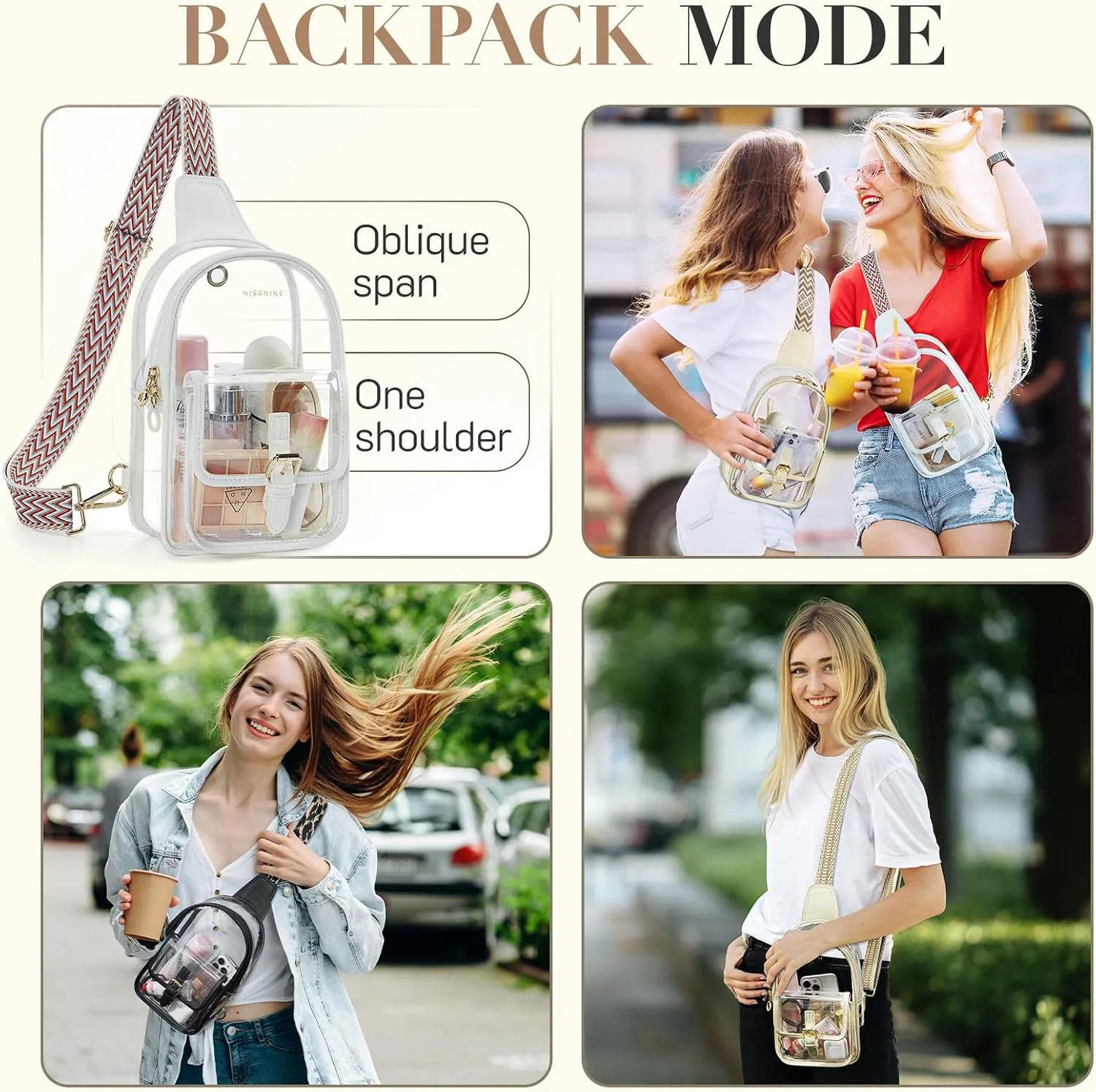 Missnine Clear Bag for Stadium Events Clear Sling Bag Fanny Pack Crossbody Purse for Sport Concert with Side Mesh Pocket