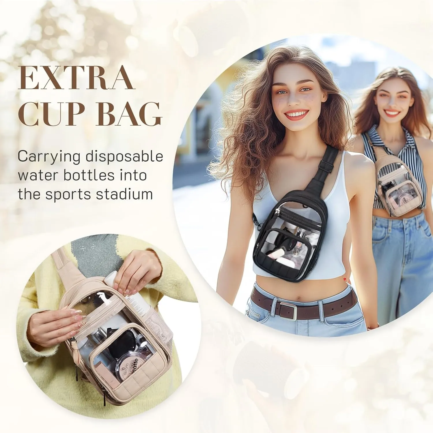Missnine Clear Bag for Stadium Events Clear Sling Bag Fanny Pack Crossbody Purse for Sport Concert with Side Mesh Pocket