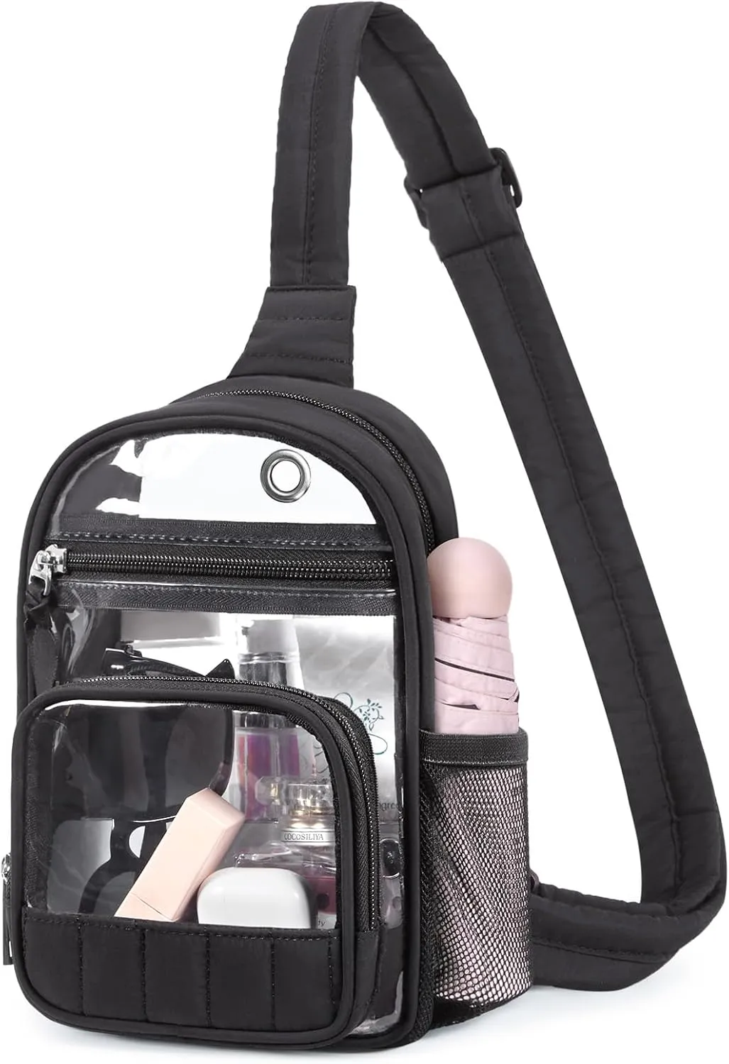 Missnine Clear Bag for Stadium Events Clear Sling Bag Fanny Pack Crossbody Purse for Sport Concert with Side Mesh Pocket