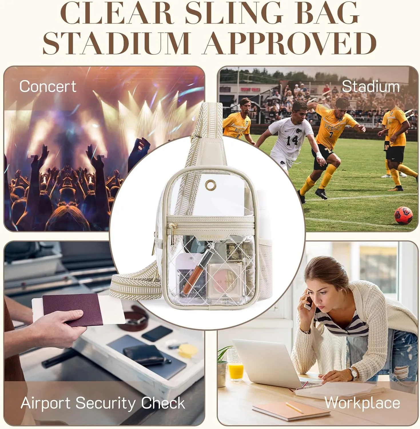 Missnine Clear Bag for Stadium Events Clear Sling Bag Fanny Pack Crossbody Purse for Sport Concert with Side Mesh Pocket