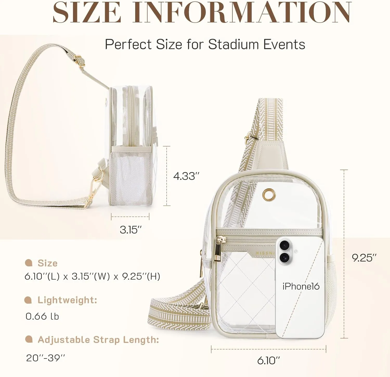 Missnine Clear Bag for Stadium Events Clear Sling Bag Fanny Pack Crossbody Purse for Sport Concert with Side Mesh Pocket