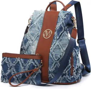 MKP Women Fashion Backpack Purse Jean Denim Handbag Anti-Theft Rucksack Travel College Shoulder Bag with Wristlet