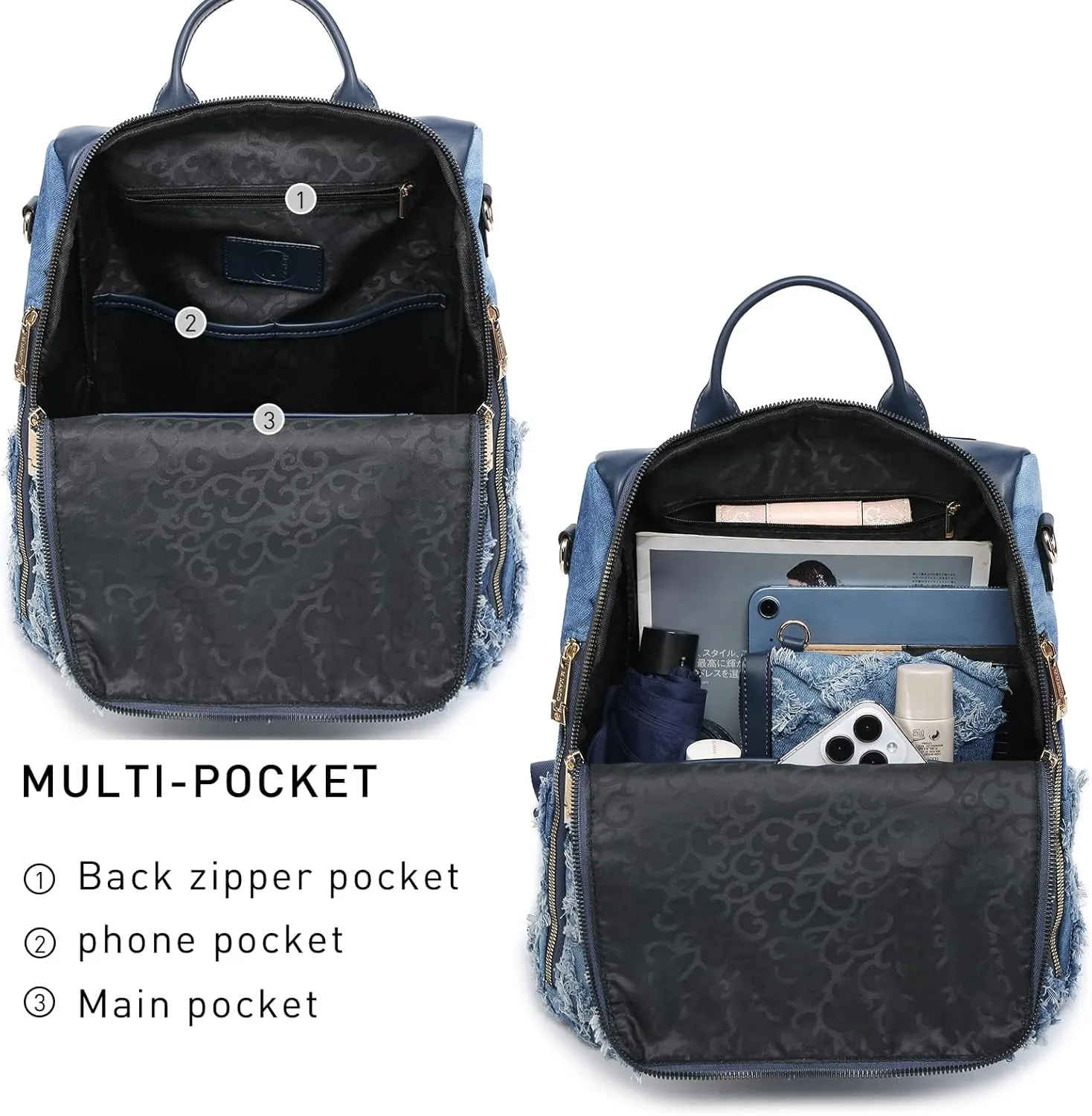 MKP Women Fashion Backpack Purse Jean Denim Handbag Anti-Theft Rucksack Travel College Shoulder Bag with Wristlet