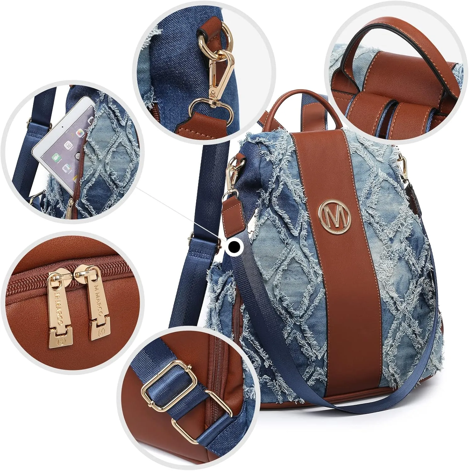 MKP Women Fashion Backpack Purse Jean Denim Handbag Anti-Theft Rucksack Travel College Shoulder Bag with Wristlet