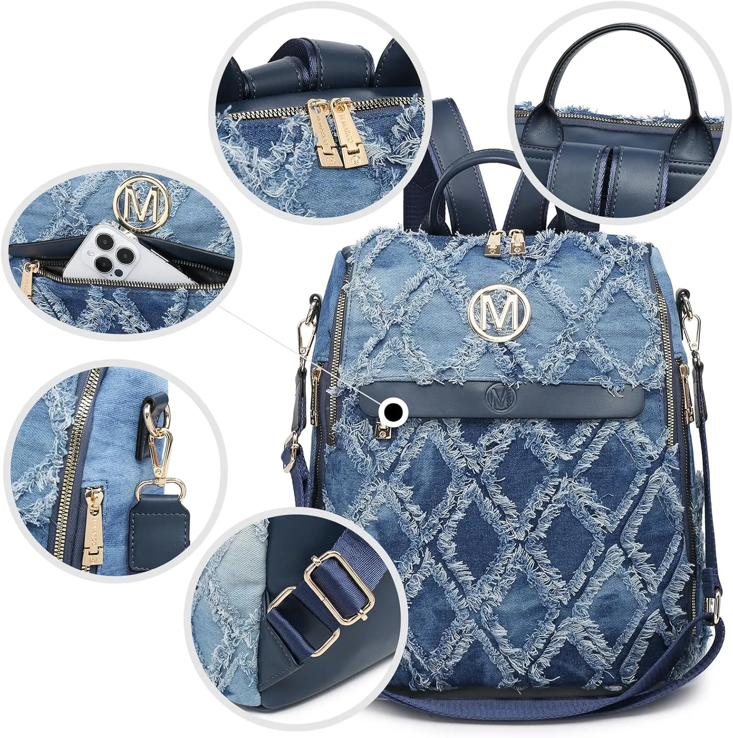 MKP Women Fashion Backpack Purse Jean Denim Handbag Anti-Theft Rucksack Travel College Shoulder Bag with Wristlet