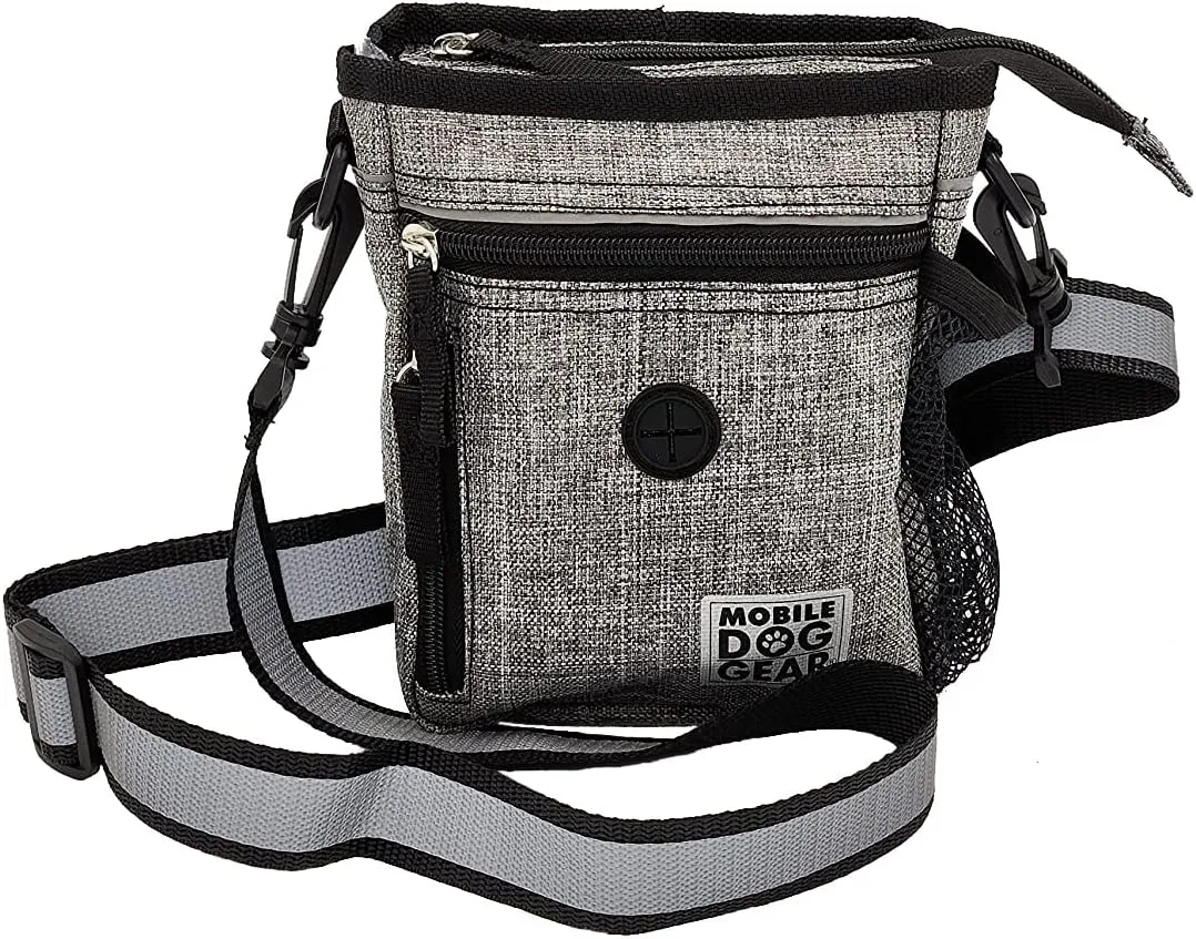 Mobile Dog Gear Dog Walking Fanny Pack (6"x7", Heathered Gray) - Dog Training Treat Pouch with Poop Bag Dispenser & Bags, Reflective Wrist Straps, Adjustable Shoulder Strap, Flashlight, Bottle Pocket