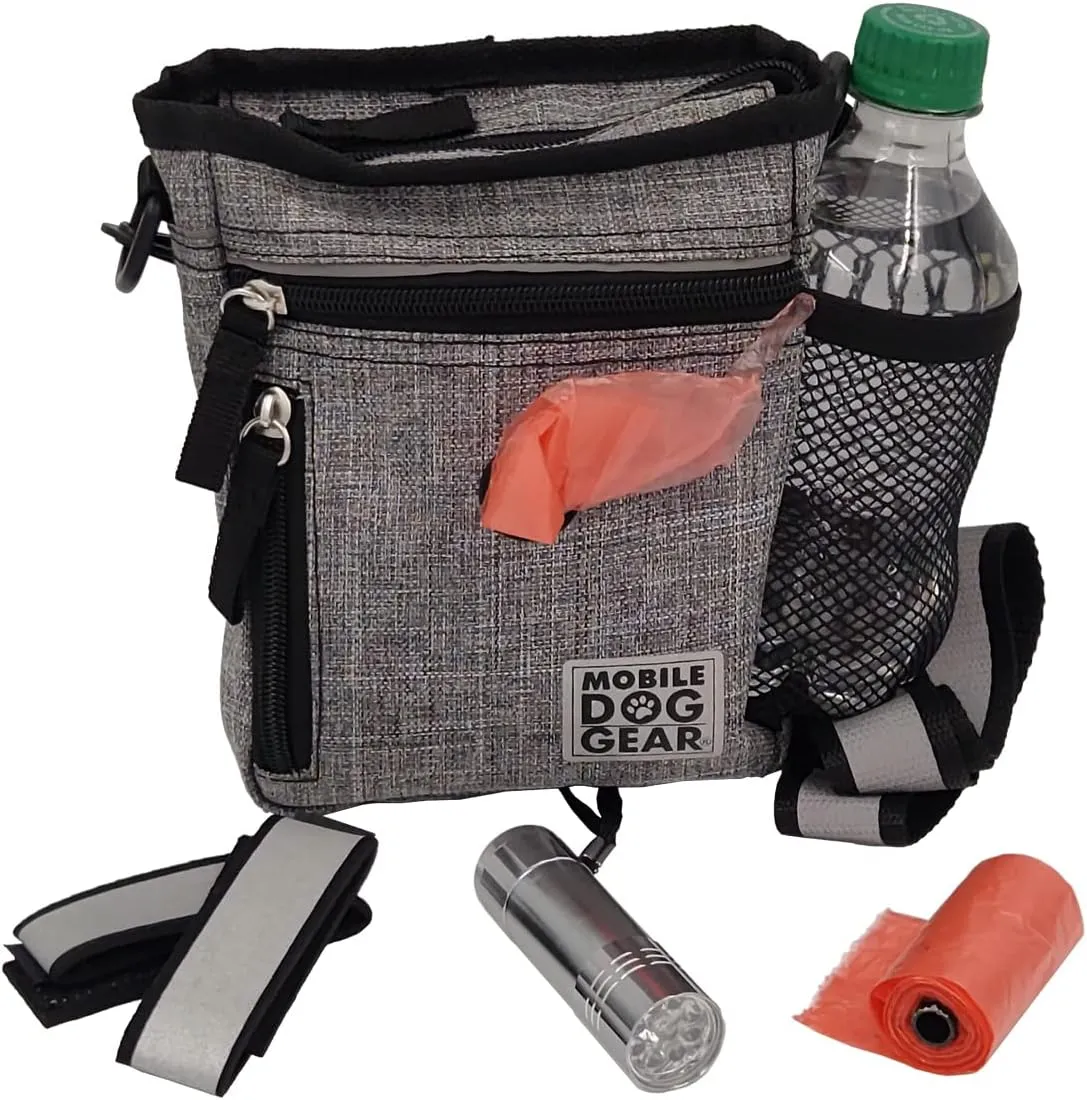 Mobile Dog Gear Dog Walking Fanny Pack (6"x7", Heathered Gray) - Dog Training Treat Pouch with Poop Bag Dispenser & Bags, Reflective Wrist Straps, Adjustable Shoulder Strap, Flashlight, Bottle Pocket