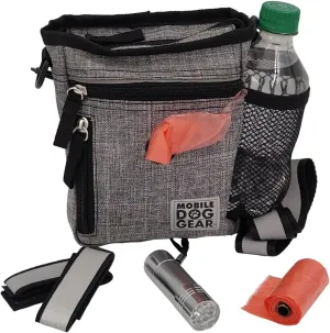Mobile Dog Gear Dog Walking Fanny Pack (6"x7", Heathered Gray) - Dog Training Treat Pouch with Poop Bag Dispenser & Bags, Reflective Wrist Straps, Adjustable Shoulder Strap, Flashlight, Bottle Pocket