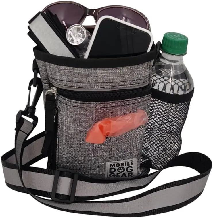 Mobile Dog Gear Dog Walking Fanny Pack (6"x7", Heathered Gray) - Dog Training Treat Pouch with Poop Bag Dispenser & Bags, Reflective Wrist Straps, Adjustable Shoulder Strap, Flashlight, Bottle Pocket
