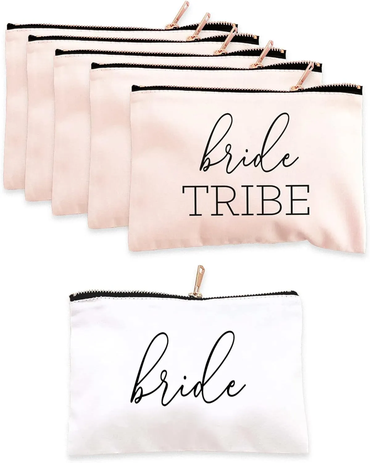ModParty Bridesmaid Makeup Bags Set of 6| 1 Bride in White   5 Bride Tribe in Peach Blush | Bachelorette Party Canvas Cosmetic Pouch | Bridal Party Gift Idea