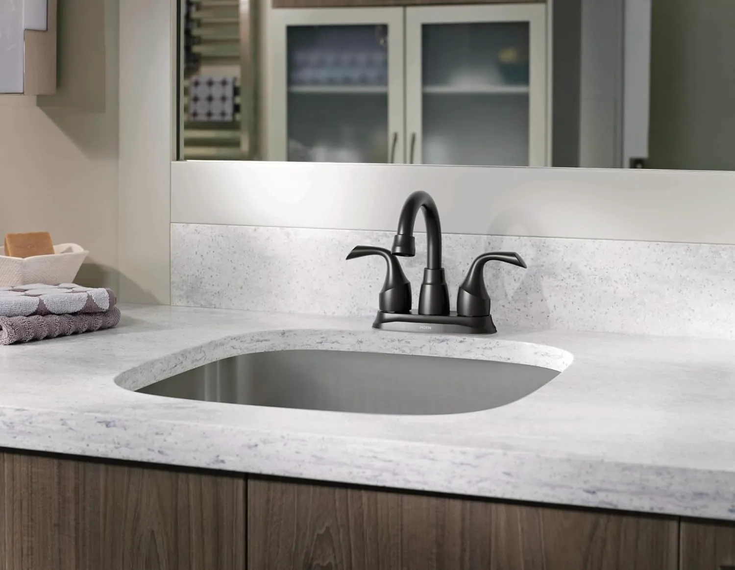 Moen Idora Matte Black Two-Handle Centerset Bathroom Sink Faucet with Drain Assembly, 84115BL