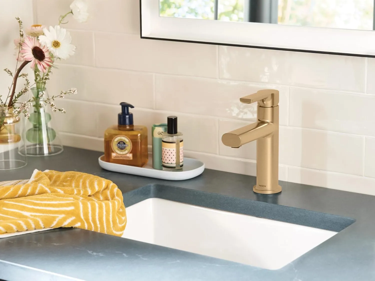 Moen Meena Bronzed Gold One-Handle Single Hole Modern Bathroom Sink Faucet with Optional Deckplate and Drain Assembly, 84794BZG