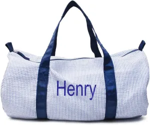 Monongrammed Personalized Seersucker Duffle Barrel Bag, Preppy Children's Travel Bag, Ballet, Sports, Sleepovers, Daycare, Weekend Overnight (Dark Blue)