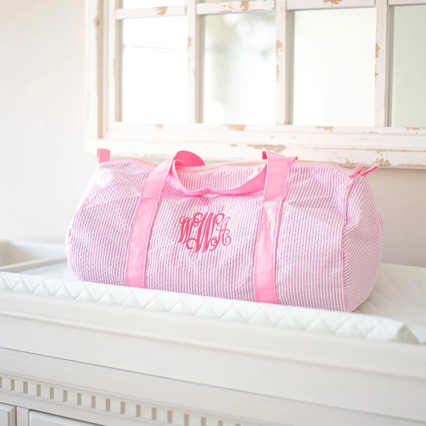 Monongrammed Personalized Seersucker Duffle Barrel Bag, Preppy Children's Travel Bag, Ballet, Sports, Sleepovers, Daycare, Weekend Overnight (Dark Blue)