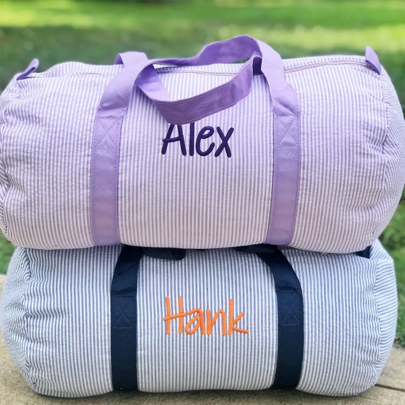 Monongrammed Personalized Seersucker Duffle Barrel Bag, Preppy Children's Travel Bag, Ballet, Sports, Sleepovers, Daycare, Weekend Overnight, Gray, Large