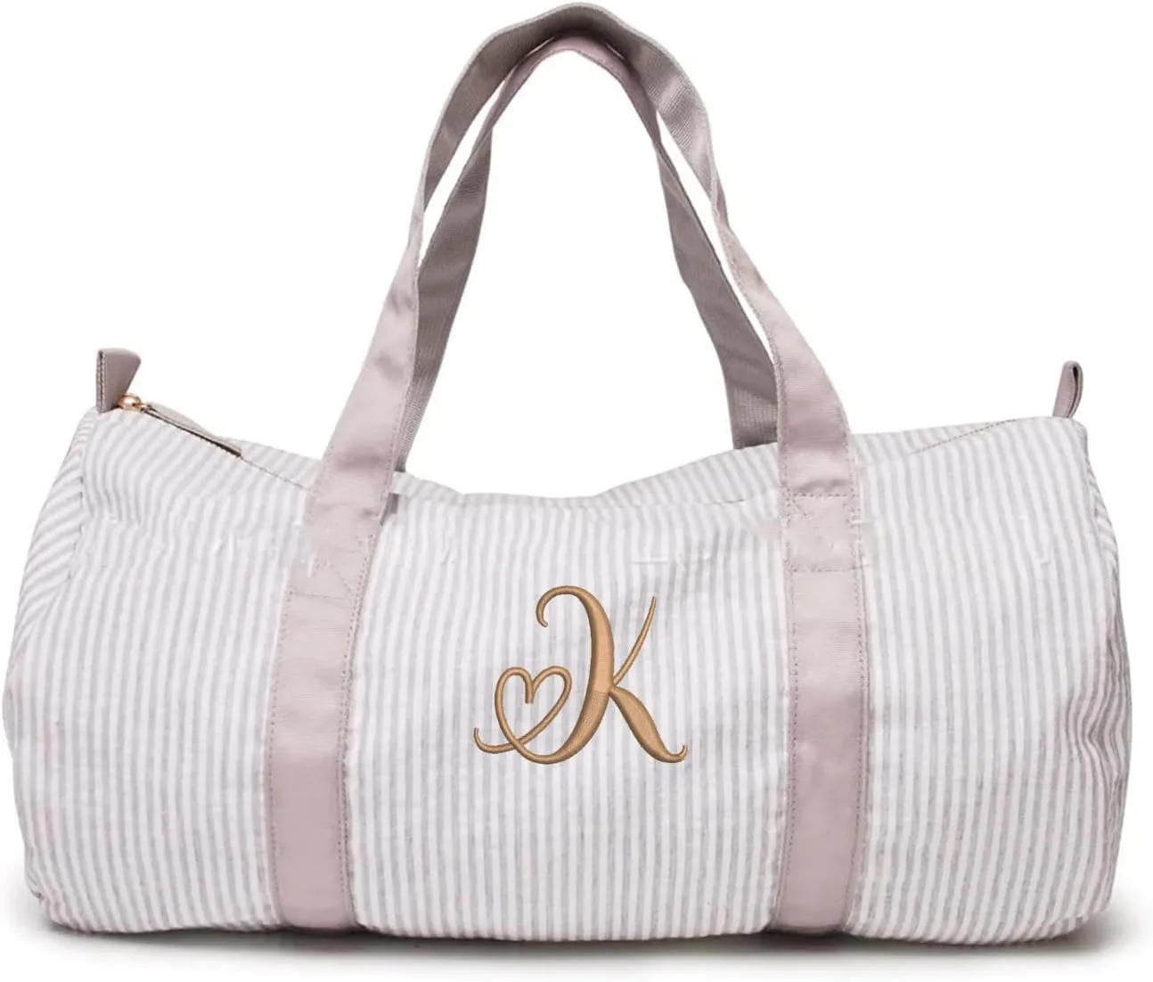 Monongrammed Personalized Seersucker Duffle Barrel Bag, Preppy Children's Travel Bag, Ballet, Sports, Sleepovers, Daycare, Weekend Overnight, Gray, Large