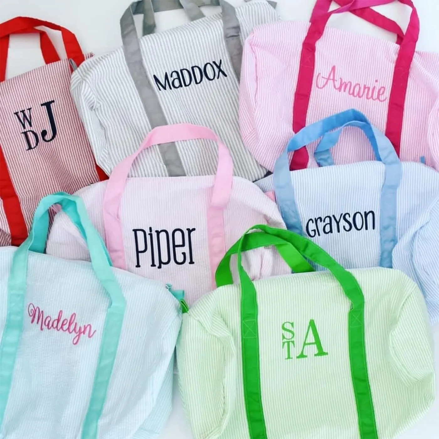 Monongrammed Personalized Seersucker Duffle Barrel Bag, Preppy Children's Travel Bag, Ballet, Sports, Sleepovers, Daycare, Weekend Overnight, Gray, Large