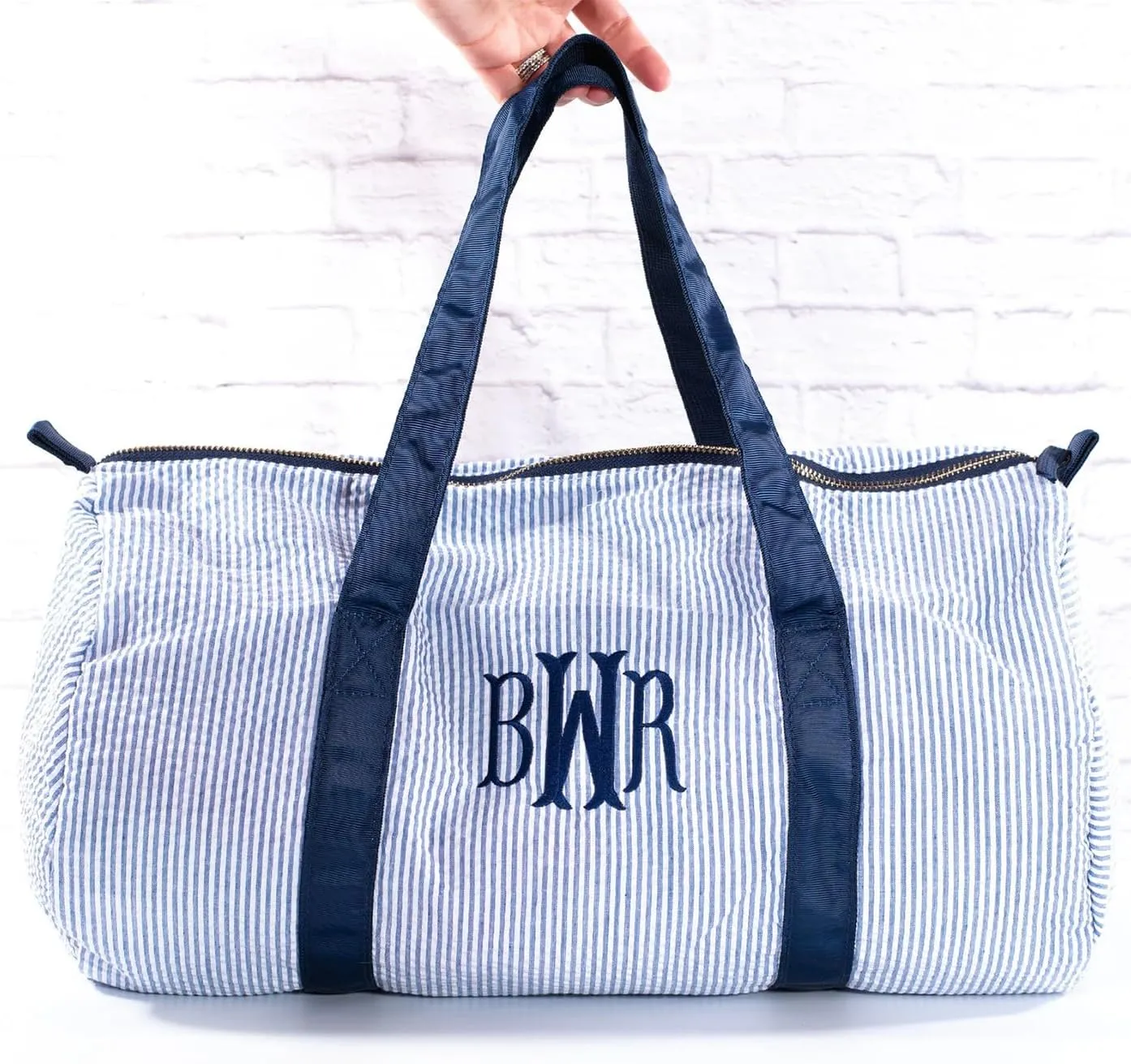 Monongrammed Personalized Seersucker Duffle Barrel Bag, Preppy Children's Travel Bag, Ballet, Sports, Sleepovers, Daycare, Weekend Overnight, Light blue, Large