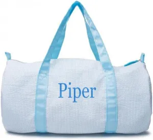 Monongrammed Personalized Seersucker Duffle Barrel Bag, Preppy Children's Travel Bag, Ballet, Sports, Sleepovers, Daycare, Weekend Overnight, Light blue, Large
