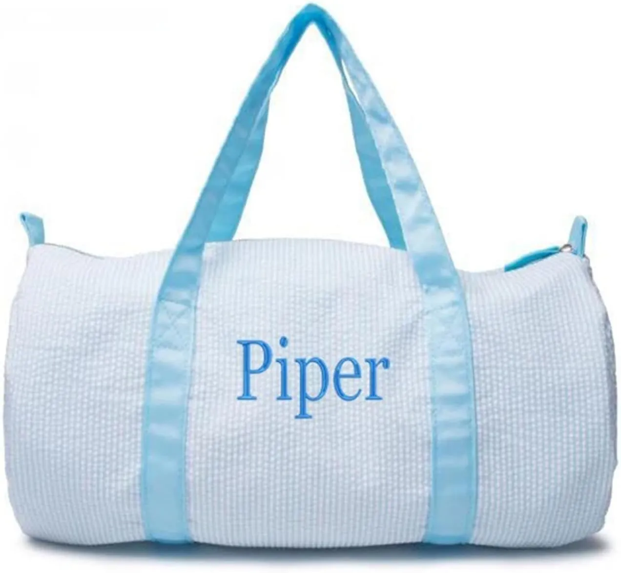 Monongrammed Personalized Seersucker Duffle Barrel Bag, Preppy Children's Travel Bag, Ballet, Sports, Sleepovers, Daycare, Weekend Overnight, Light Blue