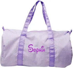 Monongrammed Personalized Seersucker Duffle Barrel Bag, Preppy Children's Travel Bag, Ballet, Sports, Sleepovers, Daycare, Weekend Overnight, Purple, Large