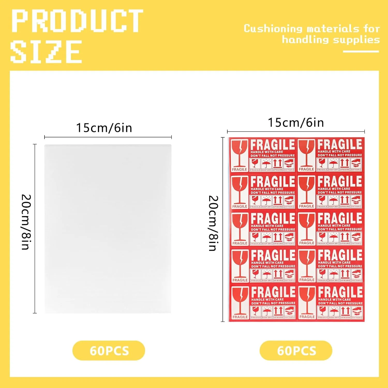 Moving Supplies, 60 Pack 6" x 8" Cushion Foam Pouches for Dishes, China, Mugs, Glasses and Fragile Items - Bubble Bags Wrap Pouches for Moving and Storage, Incidental Fragile Stickers