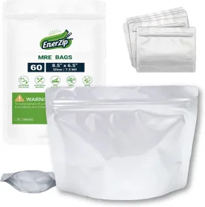MRE 30 Pack Mylar Bag 7.5”x8.5”x6.5”, Ideal For Camping or Backpacking, Meal Ready To Eat Heat Sealable & Withstand Boiling Water For long Term Food Storage.