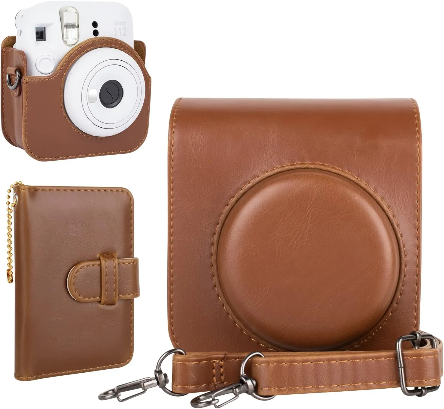 MUZIRI KINOKOO Fuji Mini 12 Case Album Combo, Compatible for Fuji Instax Mini 12 Instant Film Camera - PU Leather Carrying Case with 28 Pocket Mini Photo Album - Retro Brown
