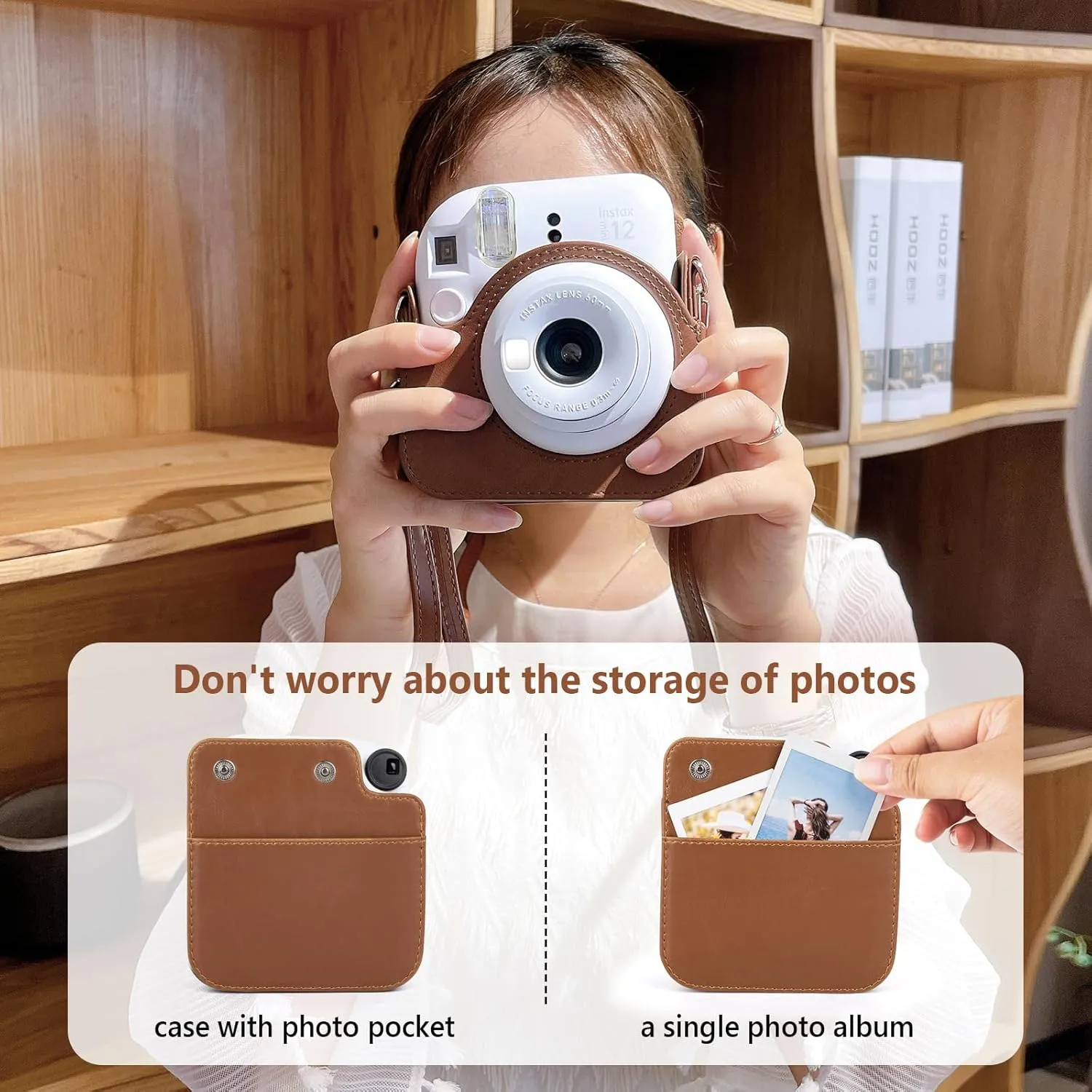 MUZIRI KINOKOO Fuji Mini 12 Case Album Combo, Compatible for Fuji Instax Mini 12 Instant Film Camera - PU Leather Carrying Case with 28 Pocket Mini Photo Album - Retro Brown