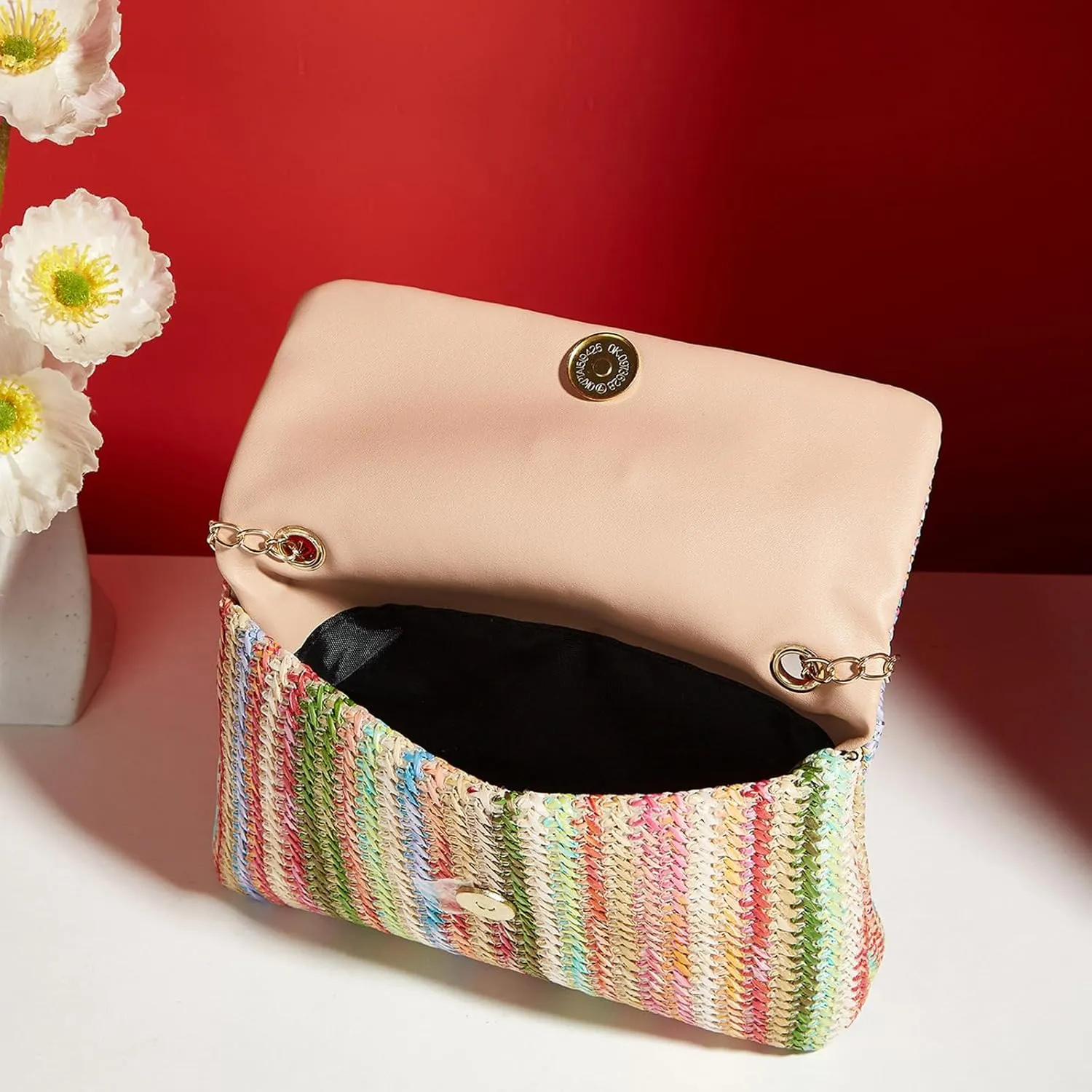 Natural Straw Flat Clutch Women 2024 Boho Purse Top Handle Crossbody Handbag Stylish Woven Envelope Wallet Evening