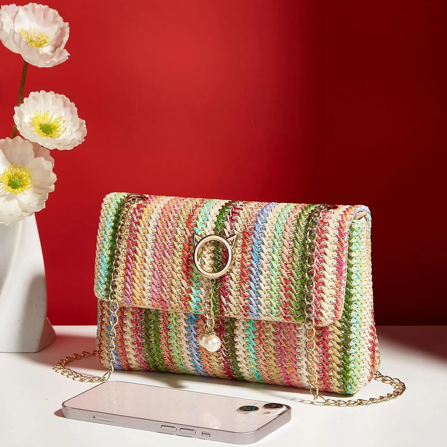 Natural Straw Flat Clutch Women 2024 Boho Purse Top Handle Crossbody Handbag Stylish Woven Envelope Wallet Evening