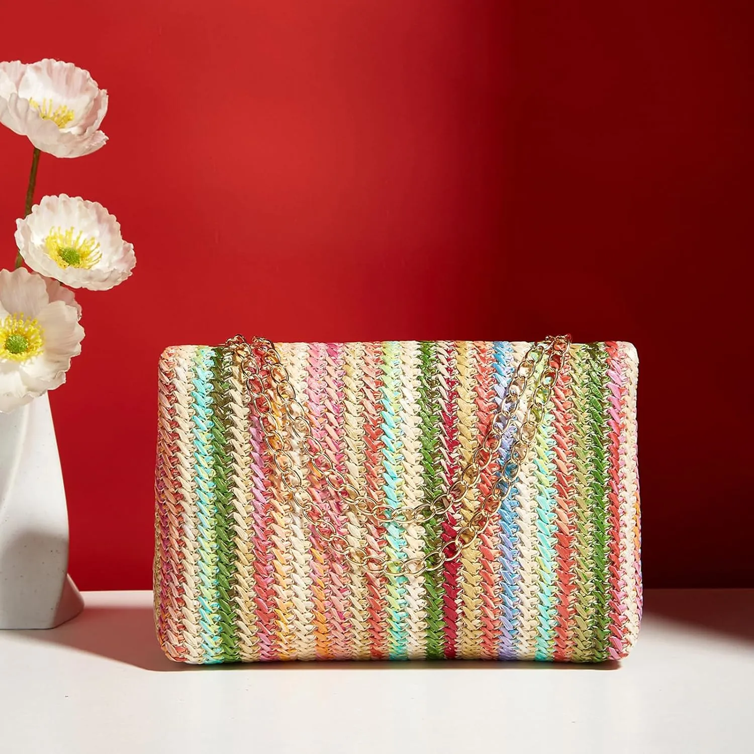 Natural Straw Flat Clutch Women 2024 Boho Purse Top Handle Crossbody Handbag Stylish Woven Envelope Wallet Evening