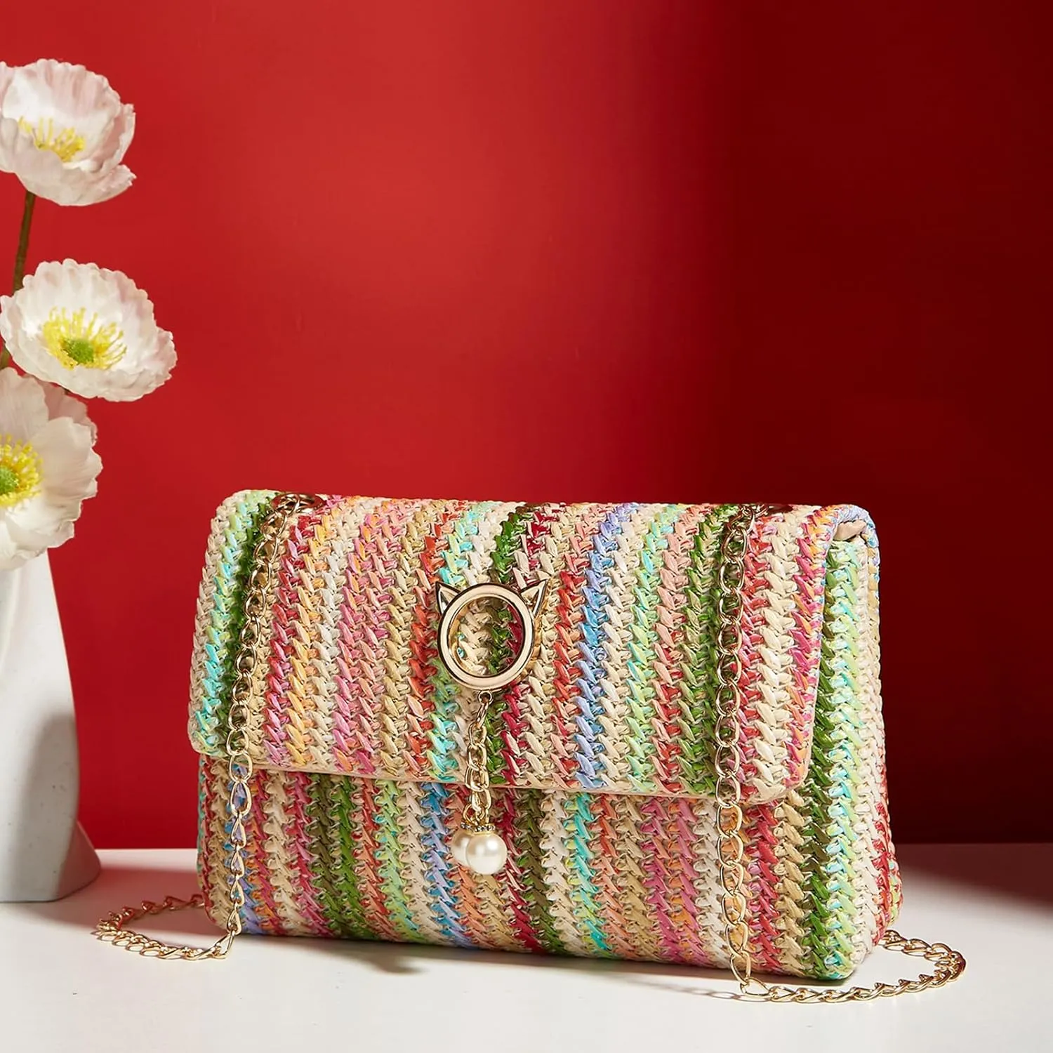 Natural Straw Flat Clutch Women 2024 Boho Purse Top Handle Crossbody Handbag Stylish Woven Envelope Wallet Evening