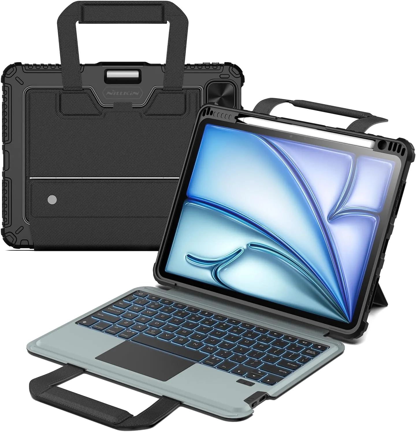 Nillkin Carry Go Keyboard Case for iPad Air 11-inch (M3/M2)& Air 5th/4th Generation with Handle, iPad Pro 11(1st/2nd/3rd/4th Gen) Rugged Case with Detachable Keyboard, Trackpad, 7-Color Backlit, Black