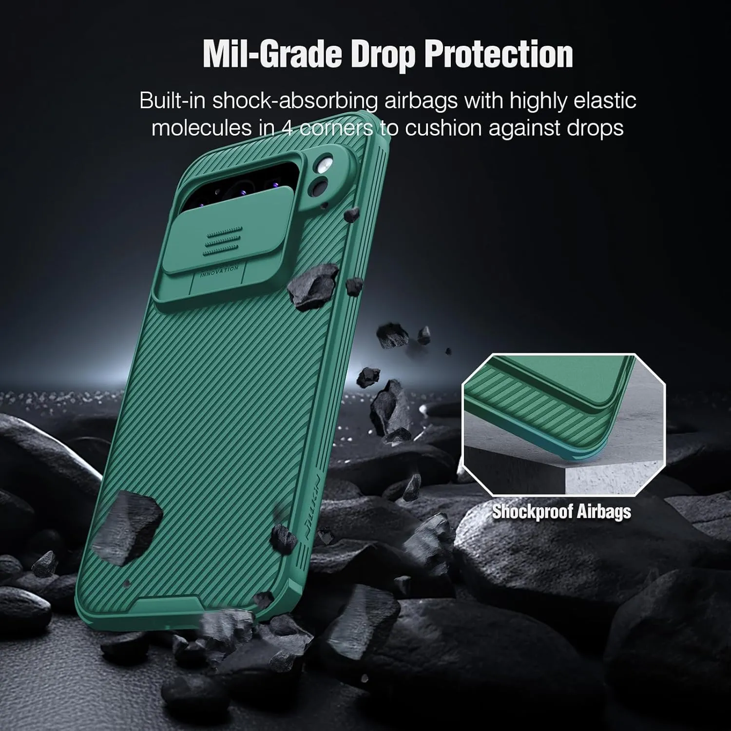 Nillkin Designed for Google Pixel 9 Pro XL Case with Slide Camera Cover, [Anti-Scratch] Hard PC & TPU Slim Shockproof Protective Phone Case for Google Pixel 9 Pro XL 6.10'' Green