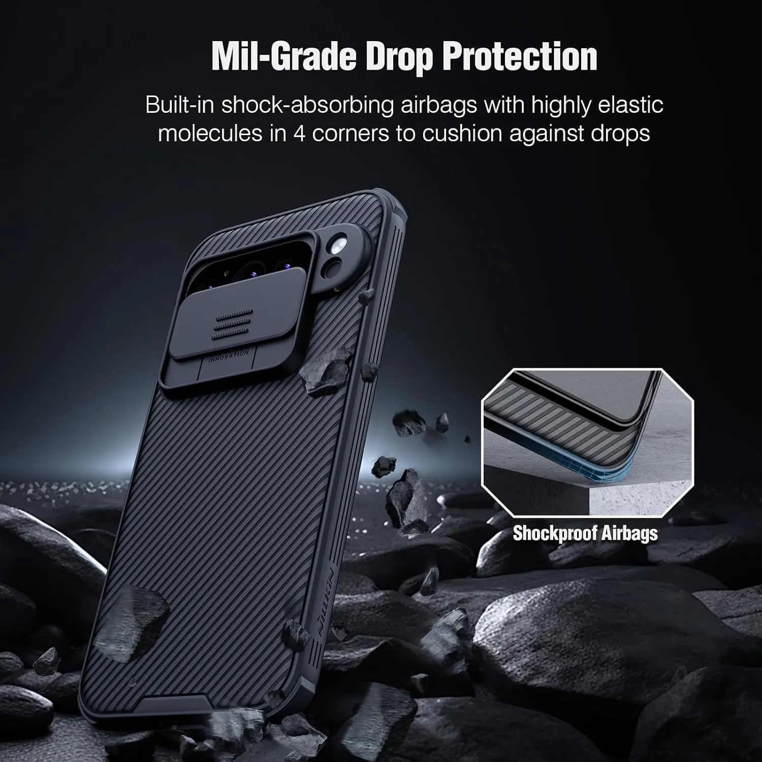 Nillkin Designed for Google Pixel 9 Pro XL Case with Slide Camera Cover, [Anti-Scratch] Hard PC & TPU Slim Shockproof Protective Phone Case for Google Pixel 9 Pro XL 6.8'' Black