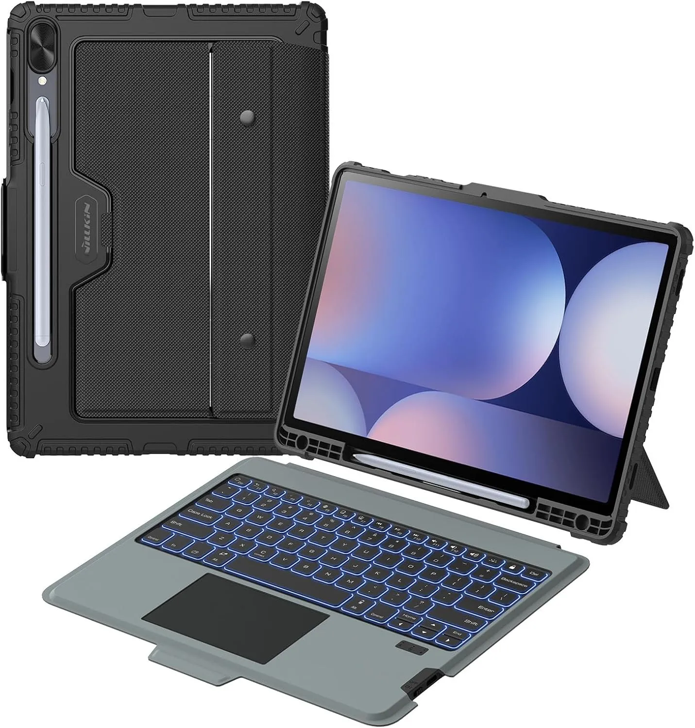 Nillkin for Samsung Galaxy Tab S10 Plus/S9 Plus 12.4" Case with Detachable Keyboard, 7-Color Backlit, Trackpad, S Pen Holder, Rugged Keyboard Case with Camera Cover for Samsung Tablet S9 /S10  5G