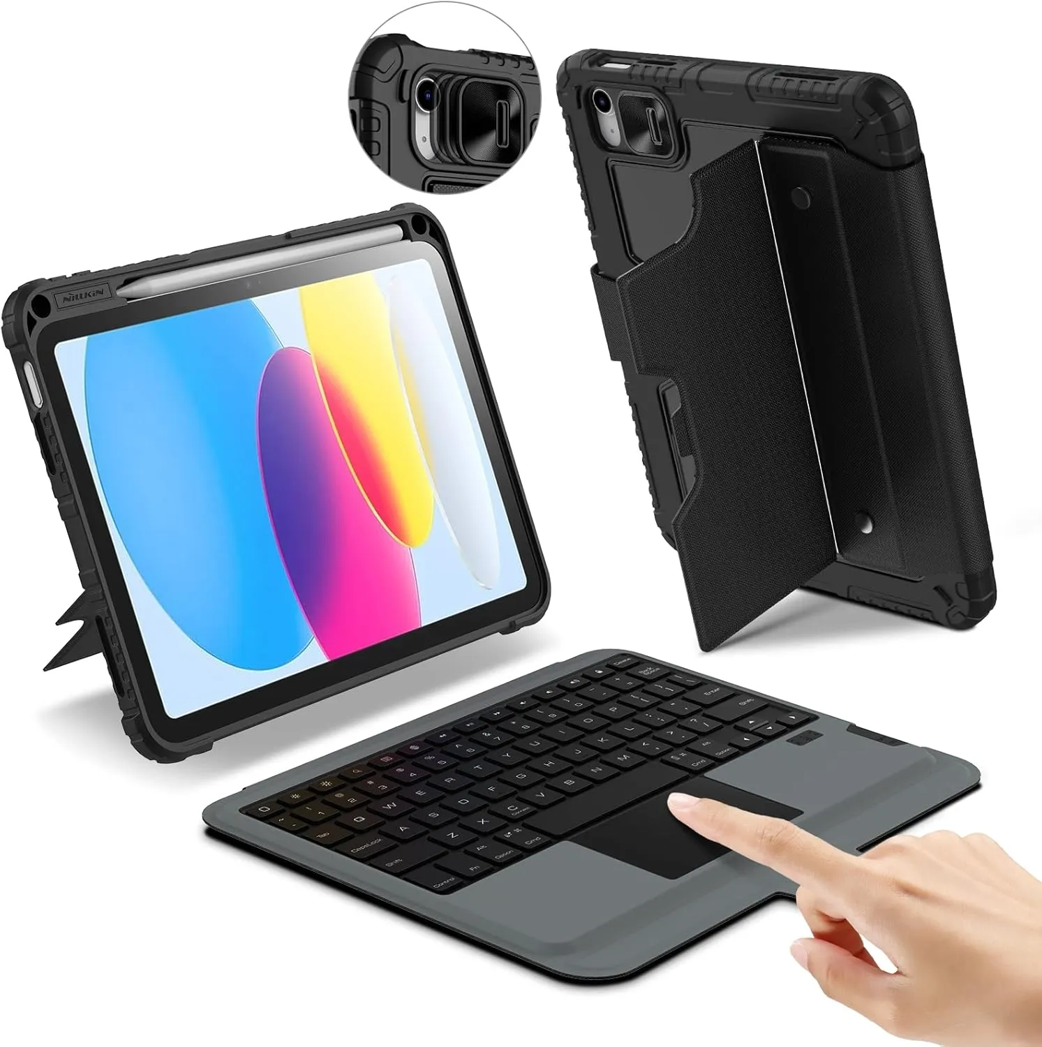 Nillkin iPad A16 (11th Gen) / 10th Gen Case with Detachable Keyboard, Magic Trackpad, Portrait/Landscape, Rugged Keyboard Case with Camera Cover for iPad 11th / 10th Generation (2025/2022), Black
