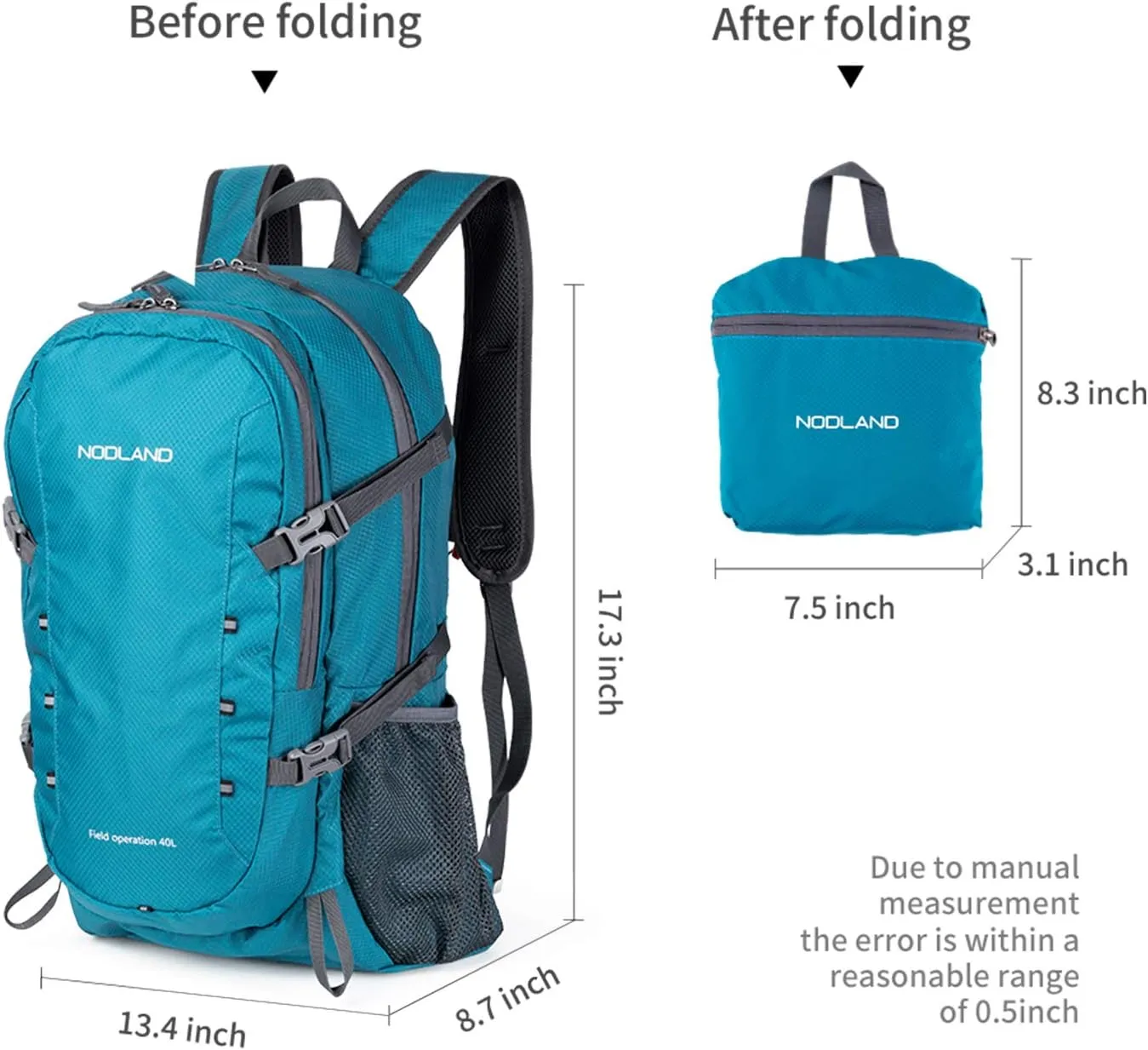 NODLAND Lightweight Backpack Travel 40L Foldable Water-Resistant Daypack, Hiking Outdoor Camping Rucksack for Men Women