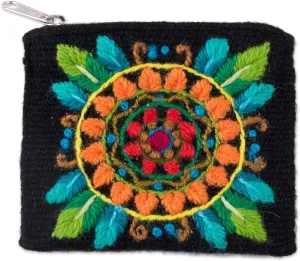 NOVICA Artisan Hand Embroidered Alpaca Blend Coin Purse Floral Black Wool Handbags Multicolor Purses Clutches Peru ' Colorful Mandala'